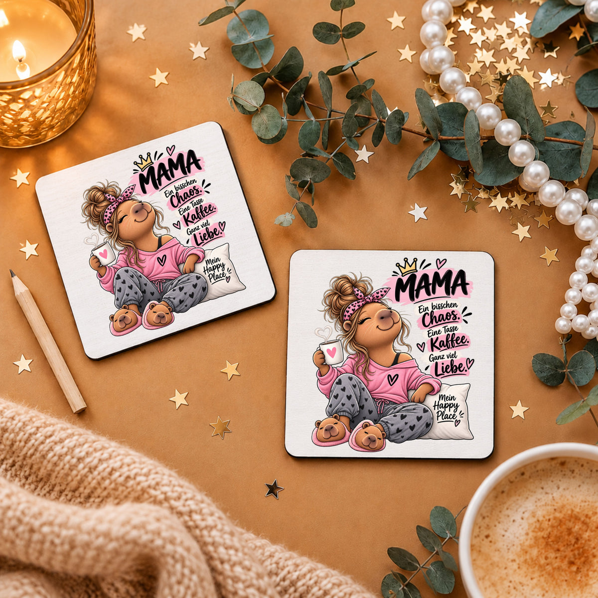 "Ein bisschen Chaos, eine Tasse Kaffee und ganz viel Liebe“ - Mama-Capybara-Tassenuntersetzer