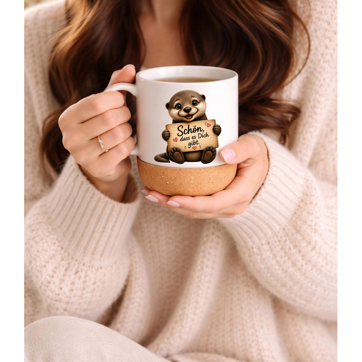 Otter Korktasse „Schön, dass es Dich gibt“ – Süße Geschenkidee für Lieblingsmensch, Freundin, Freund, Keramiktasse mit Korkboden