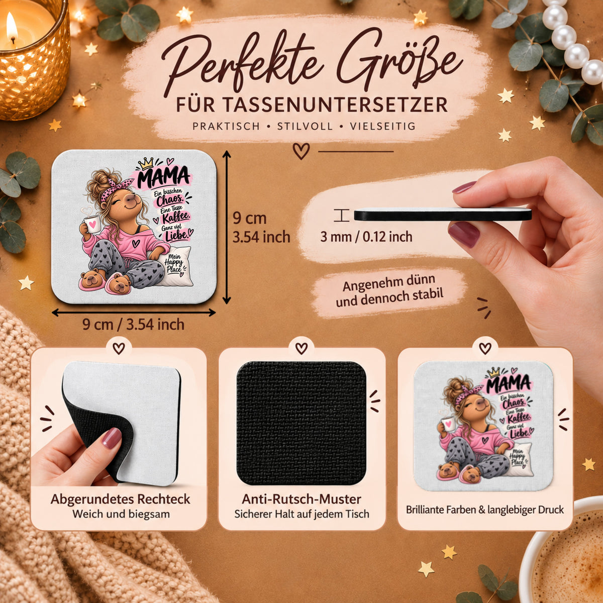 "Ein bisschen Chaos, eine Tasse Kaffee und ganz viel Liebe“ - Mama-Capybara-Tassenuntersetzer