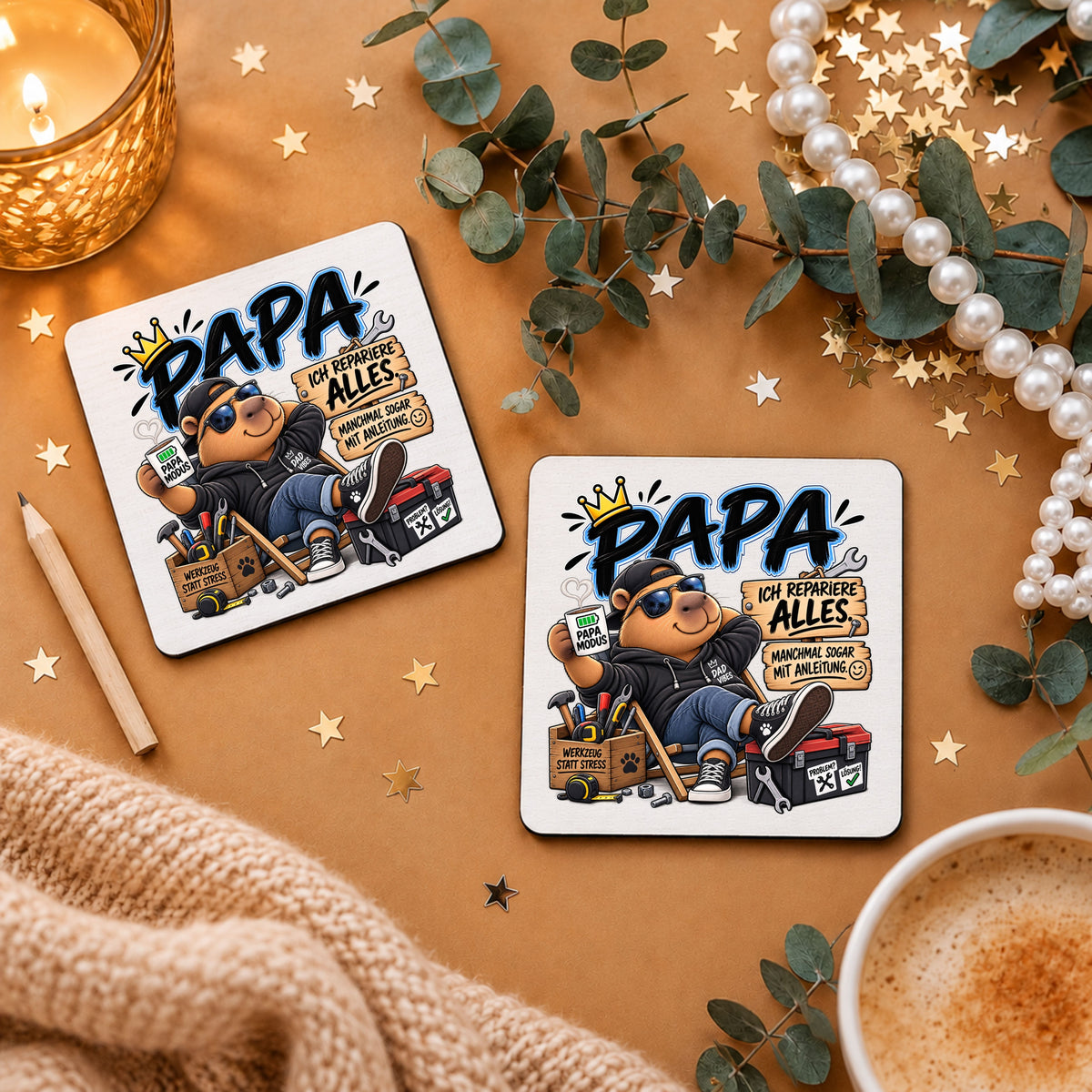 „Ich repariere alles – manchmal sogar mit Anleitung“ - Papa-Capybara-Tassenuntersetzer