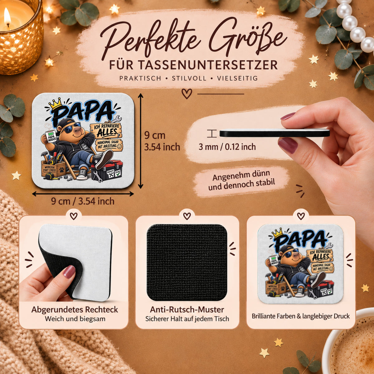 „Ich repariere alles – manchmal sogar mit Anleitung“ - Papa-Capybara-Tassenuntersetzer