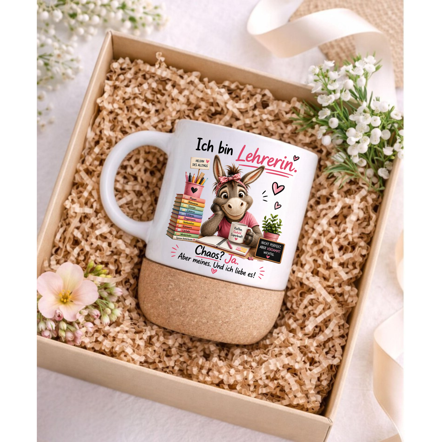 Lehrerin Korktasse mit Esel – Ich bin Lehrerin. Chaos? Ja. Aber meines. Und ich liebe es! | Geschenk für Lehrerinnen