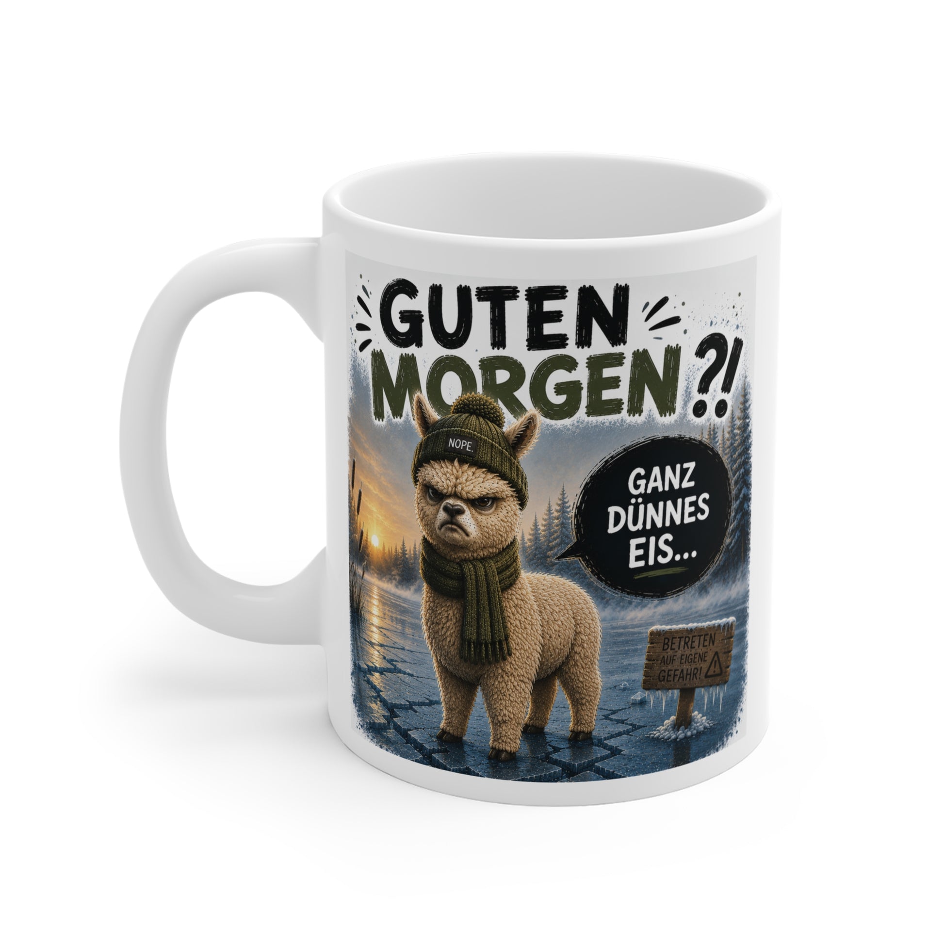 Humorvolle Büro Tasse mit Alpaka und lustigem Morgenspruch