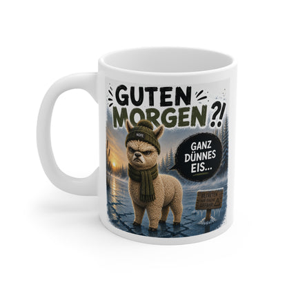 Humorvolle Büro Tasse mit Alpaka und lustigem Morgenspruch
