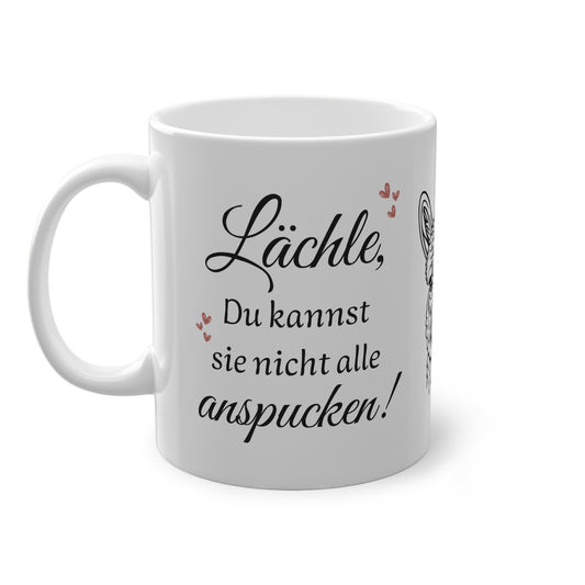 Weiße Tasse mit Alpaka Motiv und lustigem Spruch du kannst sie nicht alle anspucken