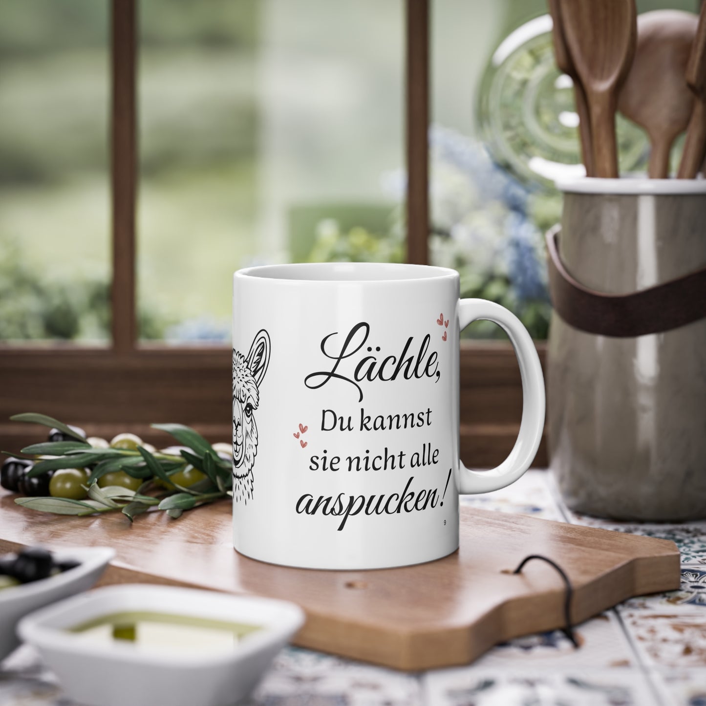 Weiße Tasse mit Alpaka Motiv und lustigem Spruch du kannst sie nicht alle anspucken