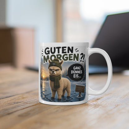 Lustige Alpaka Tasse mit Spruch Guten Morgen Ganz dünnes Eis