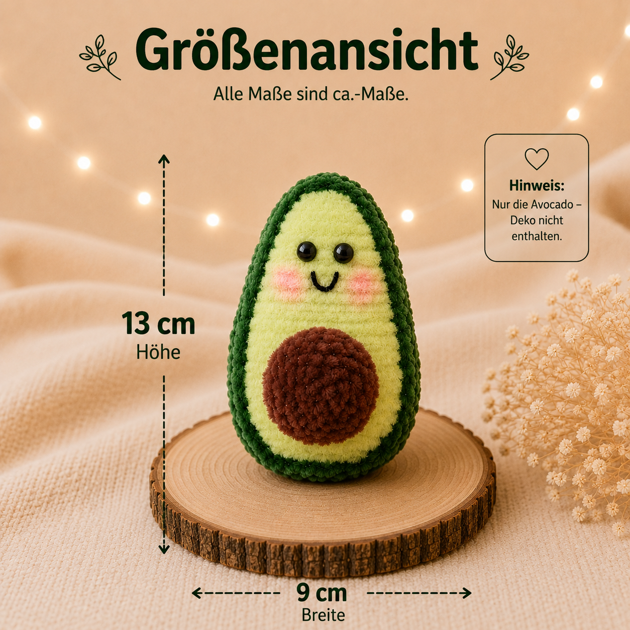 Avocado-Deko aus Chenilledraht mit ca. 13 cm Höhe und 9 cm Breite