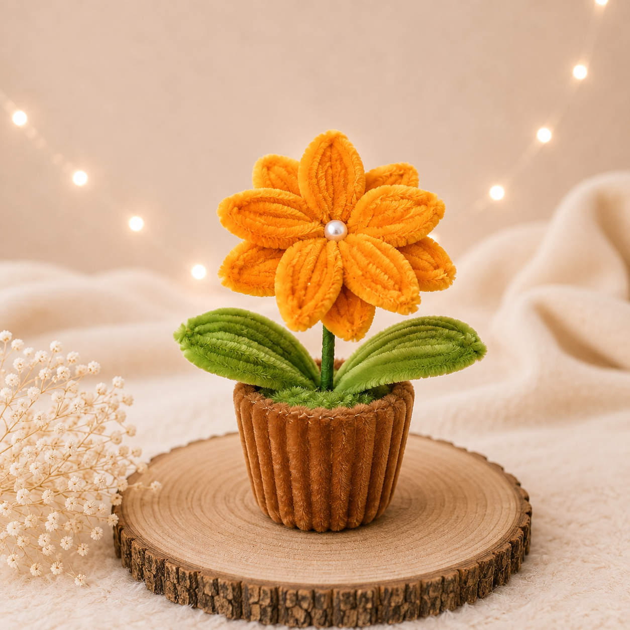 Eine Frontalansicht der orangenen Blume aus Chenilledraht