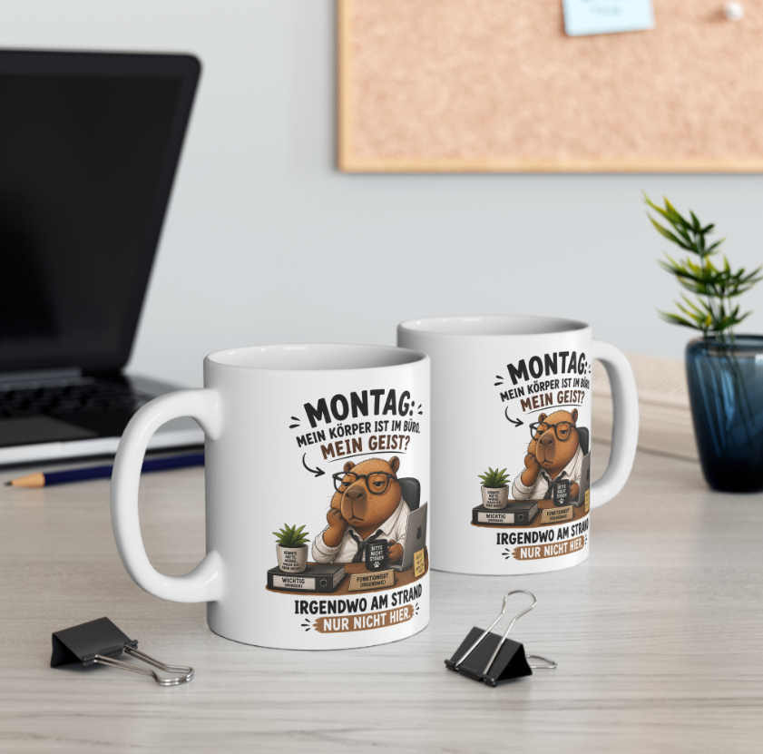 Capybara Bürotasse mit Spruch Mein Körper ist im Büro mein Geist am Strand