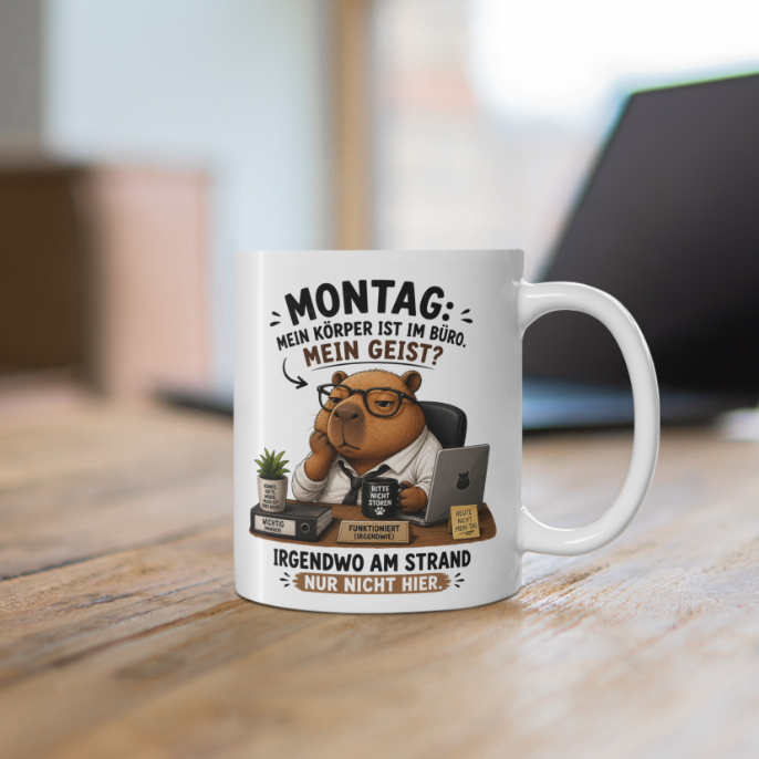 Capybara Tasse mit Montag Spruch – weiße Keramiktasse mit beidseitigem Motiv