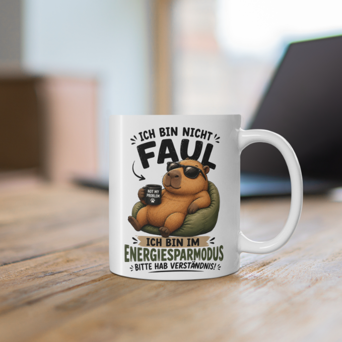 Capybara Tasse mit lustigem Spruch Ich bin nicht faul – Energiesparmodus