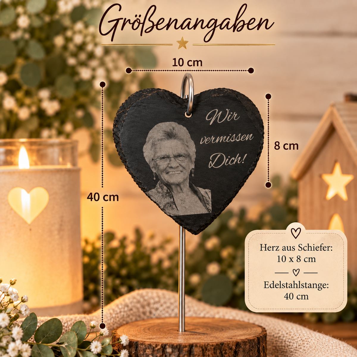 Personalisierbares Herz aus Schiefer mit Foto Lasergravur und Text „Wir vermissen Dich“