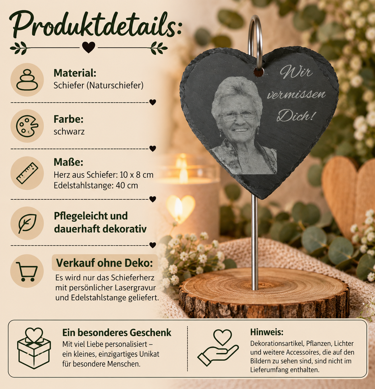 Personalisierbares Herz aus Schiefer mit Foto Lasergravur und Text „Wir vermissen Dich“