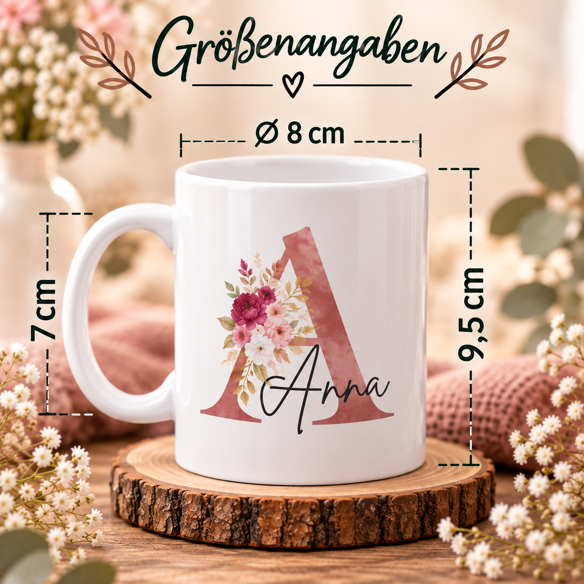 Personalisierte Keramiktasse mit Name & floraler Initiale – Geschenkidee