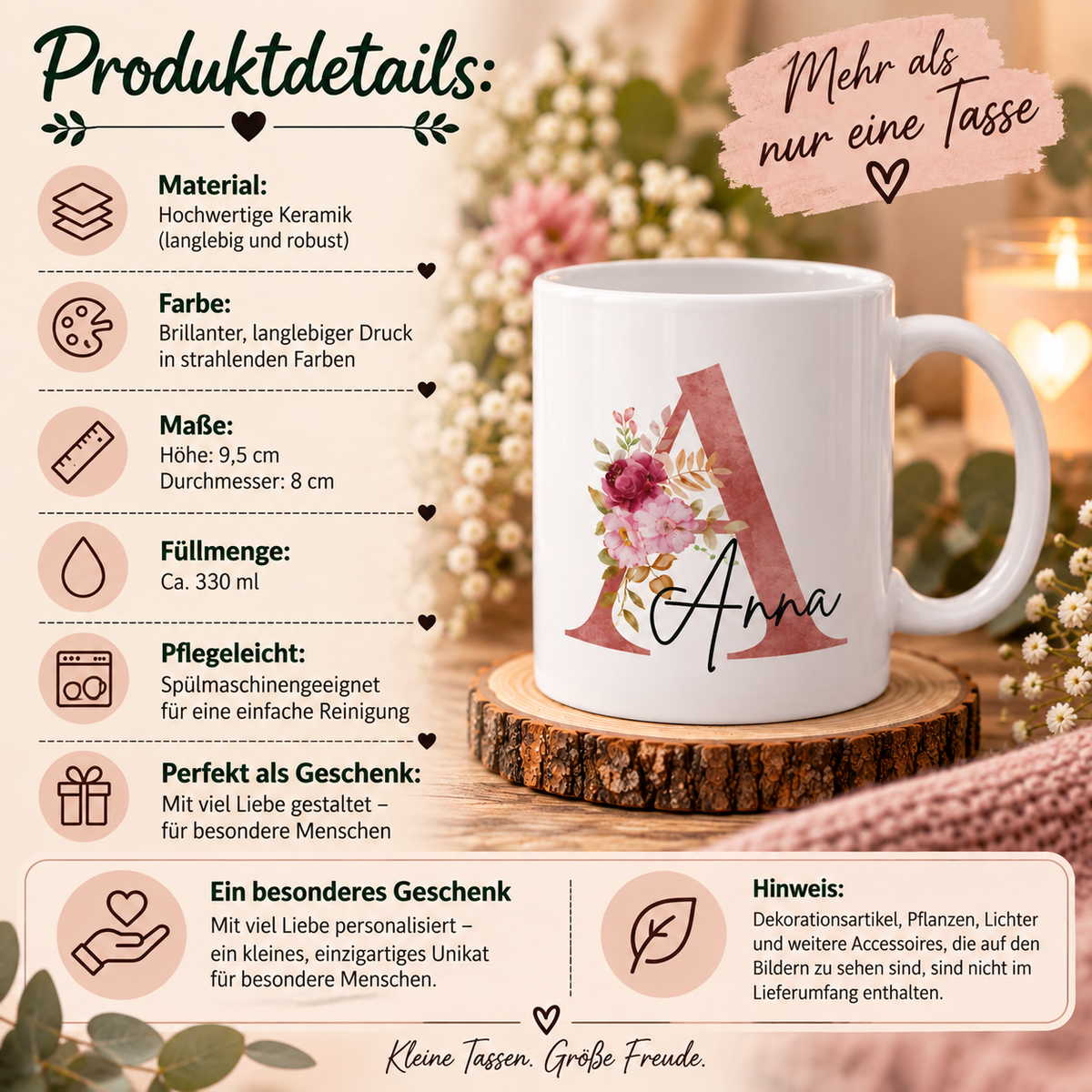 Personalisierte Keramiktasse mit Name & floraler Initiale – Geschenkidee
