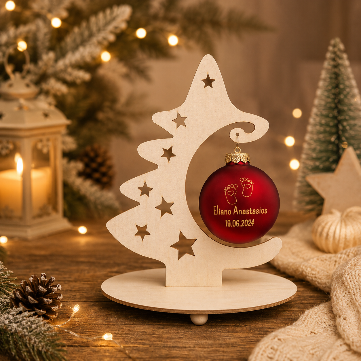 Babyfüße + Name + Datum - Personalisierte Weihnachtskugel aus Glas (lasergraviert)
