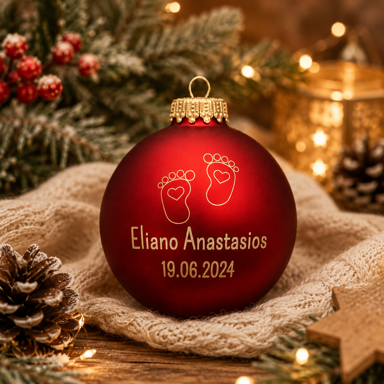 Babyfüße + Name + Datum - Personalisierte Weihnachtskugel aus Glas (lasergraviert)