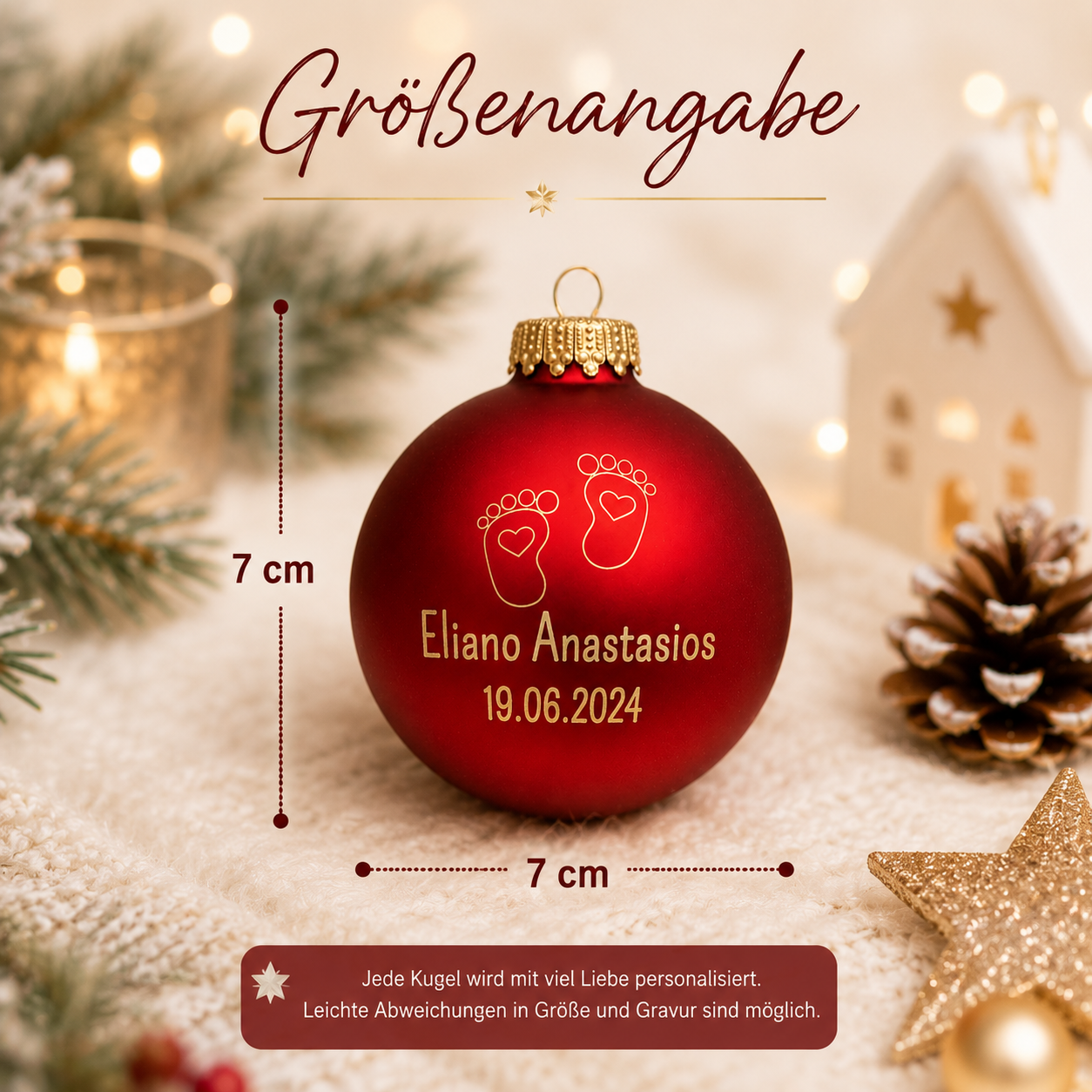 Babyfüße + Name + Datum - Personalisierte Weihnachtskugel aus Glas (lasergraviert)