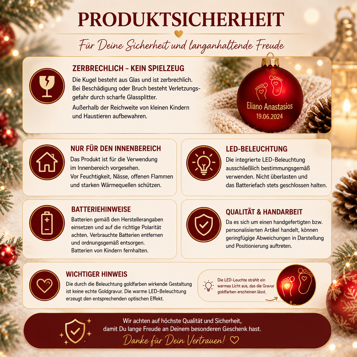Babyfüße + Name + Datum - Personalisierte Weihnachtskugel aus Glas (lasergraviert)