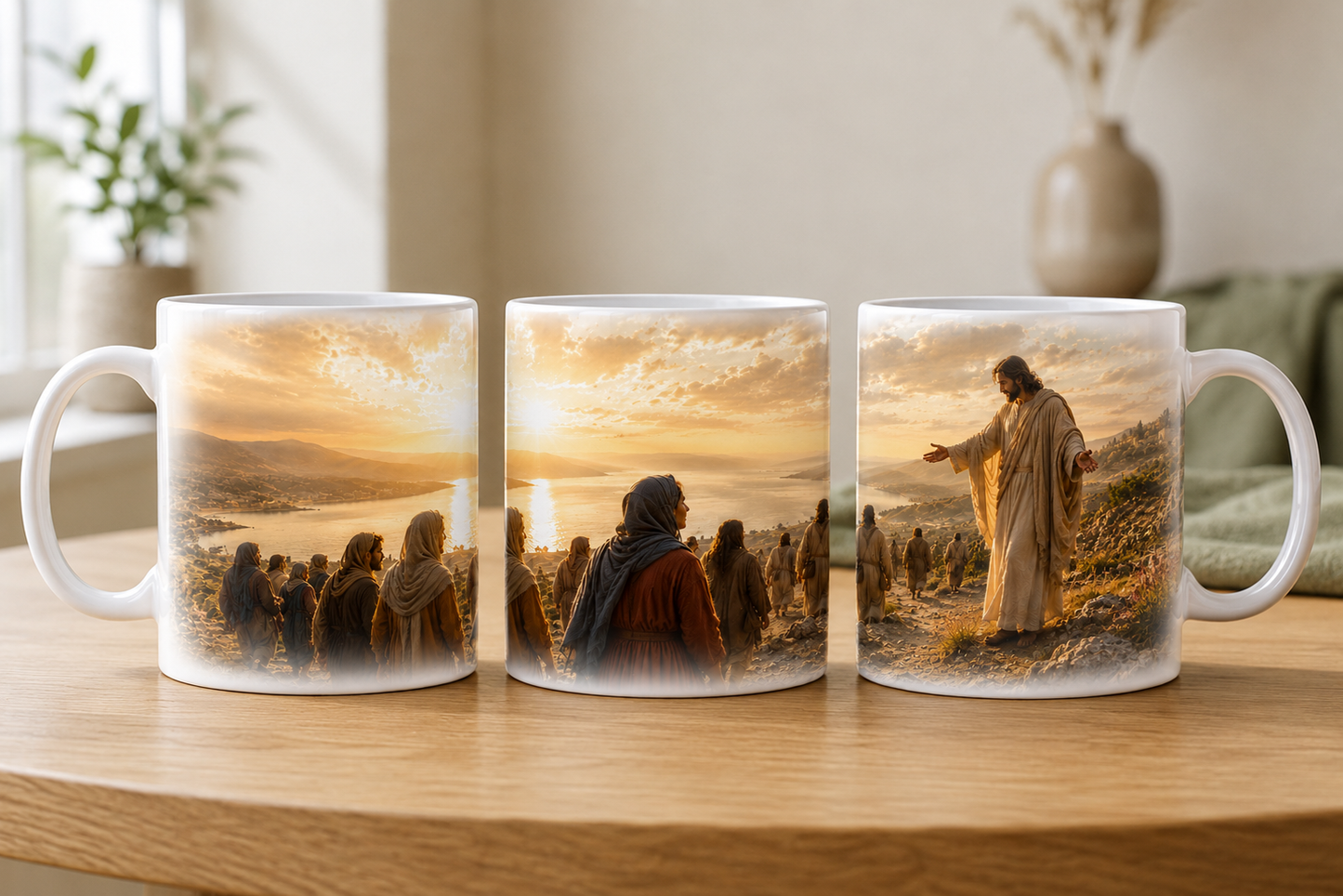 Christliche Jesus Tasse mit Jüngern auf einem Weg bei goldenem Sonnenuntergang