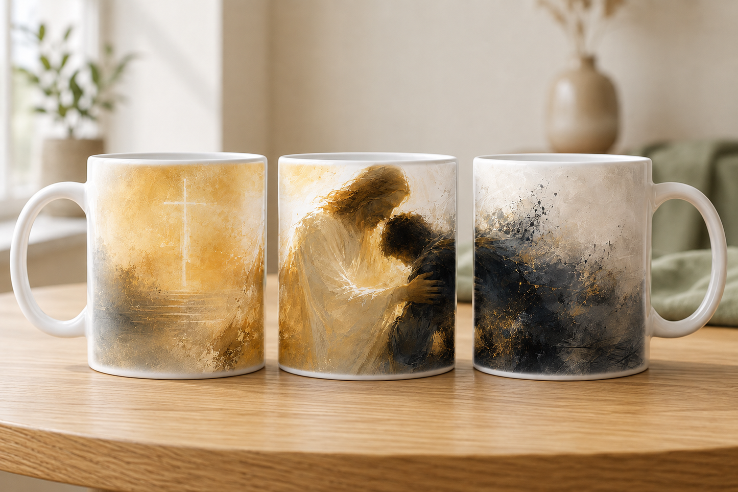 Christliche Jesus Tasse mit Kreuz und tröstender Begegnung in Gold Schwarz auf Holztisch