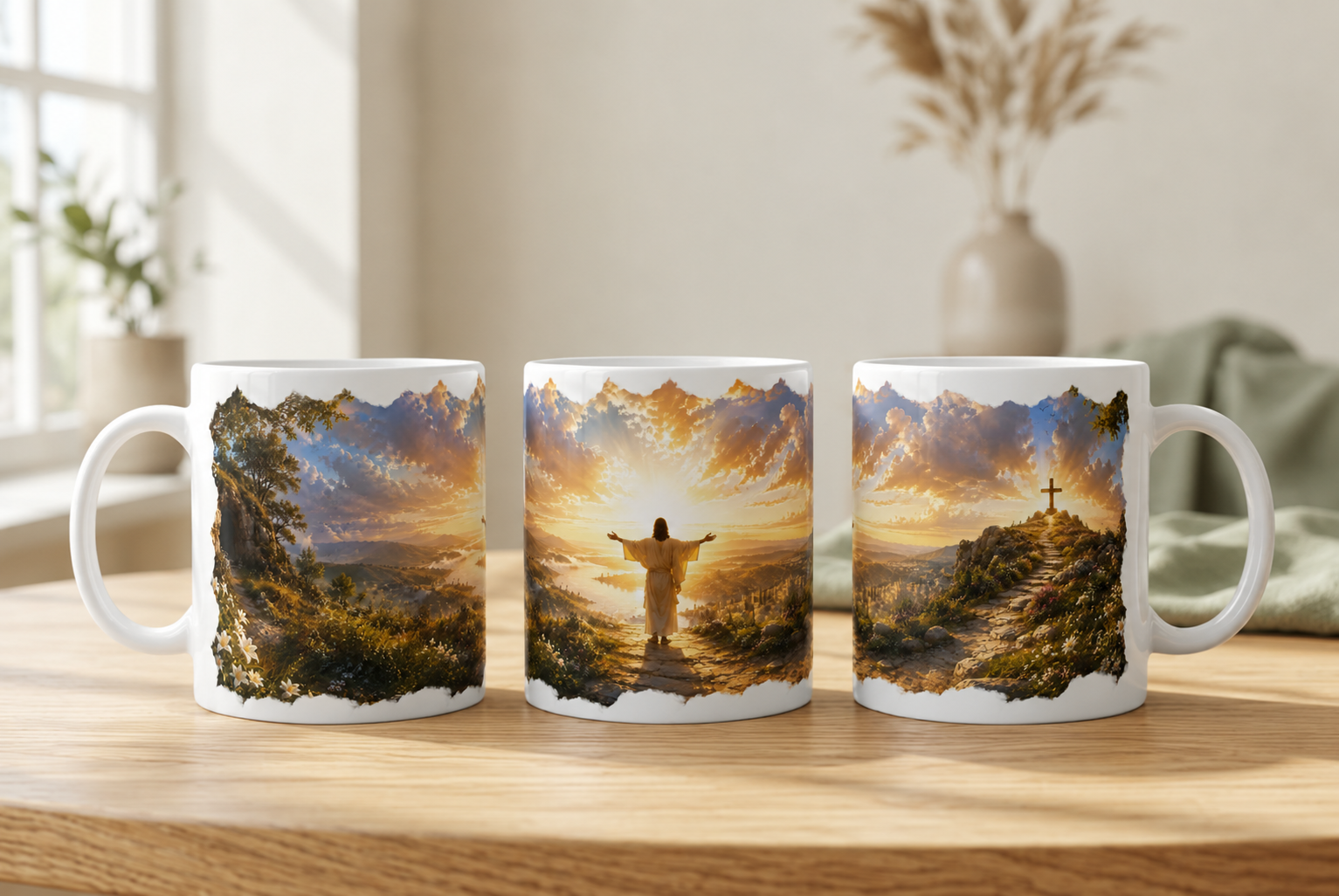 Christliche Jesus Tasse mit Panorama-Motiv, Sonnenaufgang, Berglandschaft und Kreuz als Geschenk für Christen