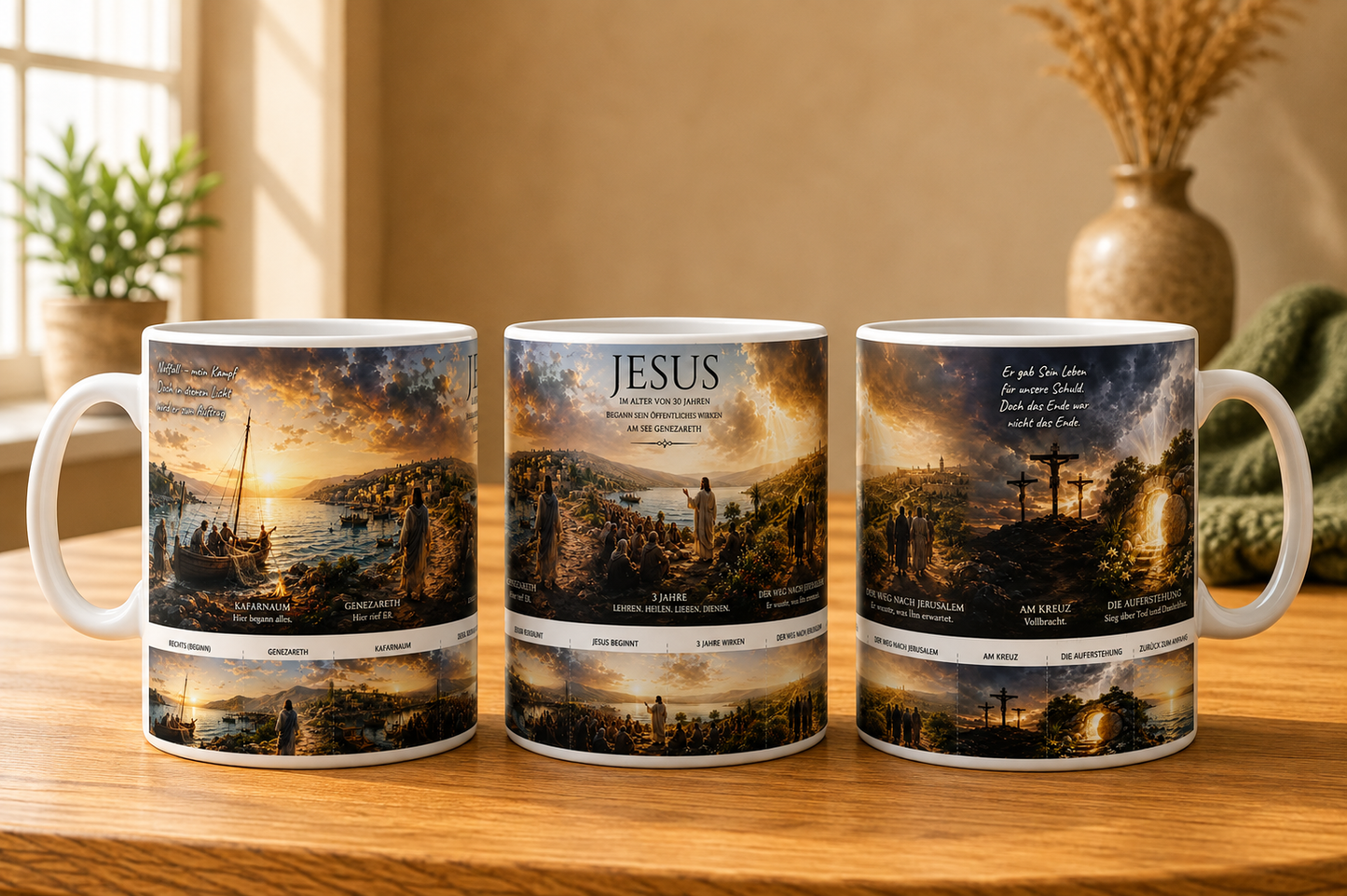 Christliche Jesus Tasse mit Stationen seines Wirkens, Kreuzigung und Auferstehung