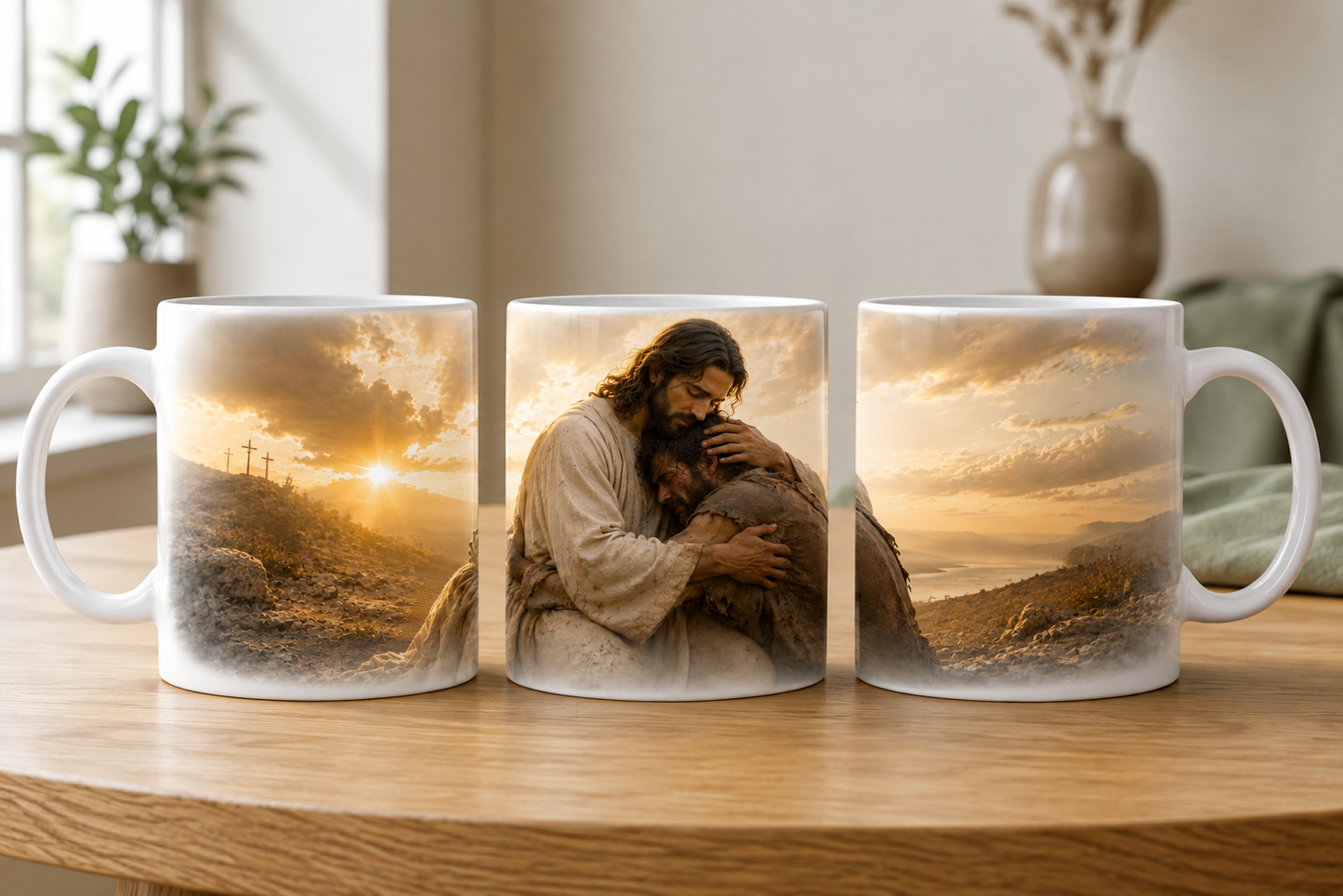 Christliche Jesus Tasse mit tröstender Umarmung, drei Kreuzen und goldenem Sonnenuntergang