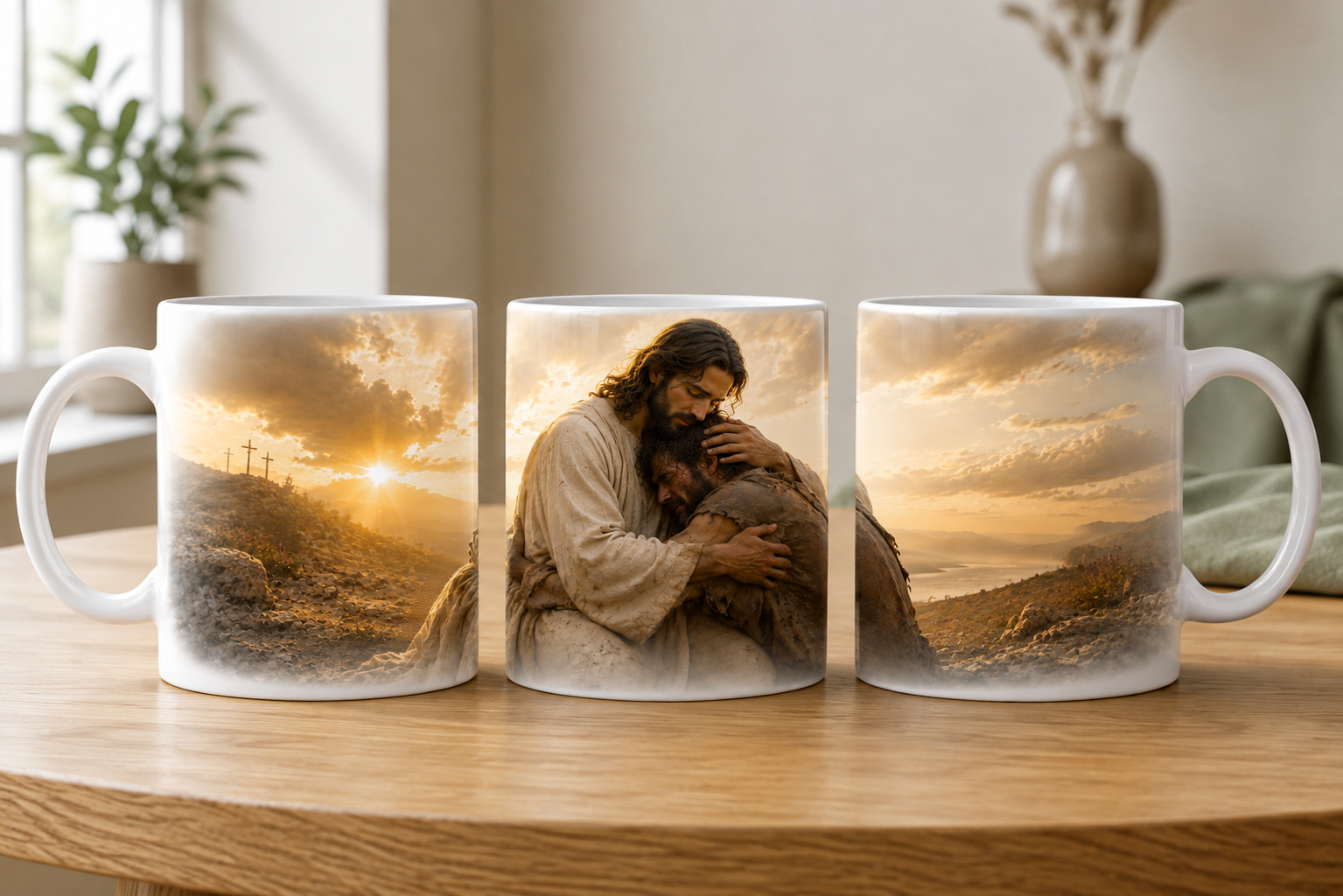 Christliche Jesus Tasse mit tröstender Umarmung, drei Kreuzen und goldenem Sonnenuntergang