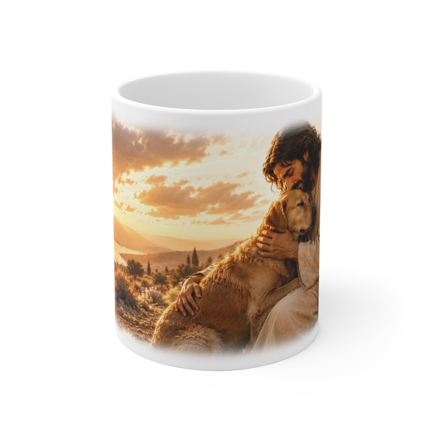 Christliche Motivtasse mit Jesus, der einen Hund liebevoll umarmt, vor warmer Landschaft