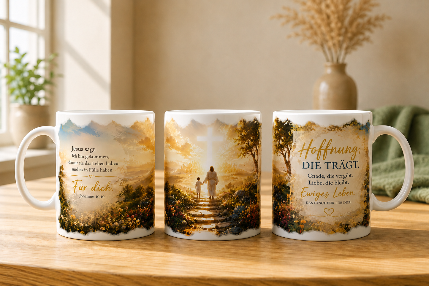 Christliche Tasse mit Bibelvers Johannes 10,10, Blumenlandschaft und Schriftzug „Für dich“