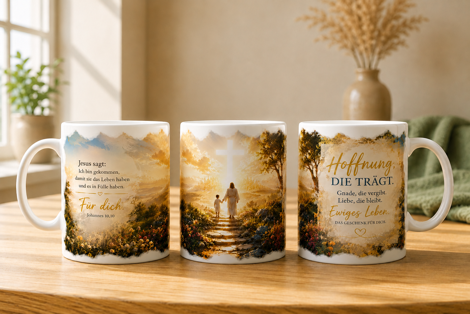 Christliche Tasse mit Bibelvers Johannes 10,10, Blumenlandschaft und Schriftzug „Für dich“
