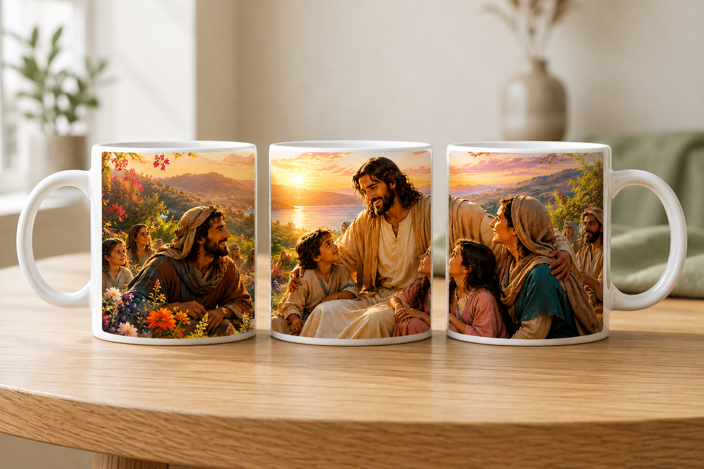 Christliche Tasse mit Jesus, Kindern und Familien in farbenfroher Landschaft bei goldenem Sonnenuntergang