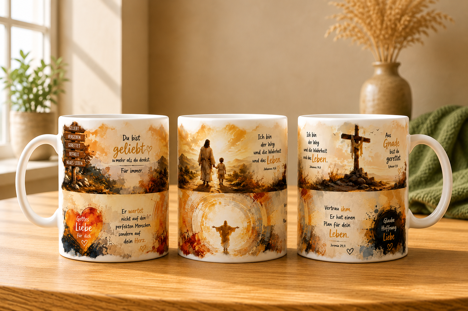 Christliche Tasse mit Jesus, Kreuz, Bibelversen und Botschaften über Gottes Liebe, Gnade und Hoffnung