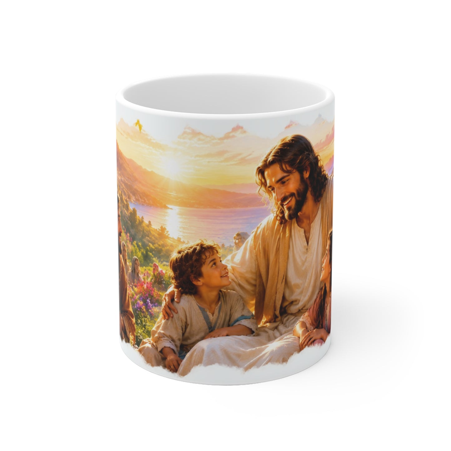 Christliche Tasse mit Jesus, Mutter und Kindern in warmer Naturkulisse als Symbol für Liebe und Gemeinschaft