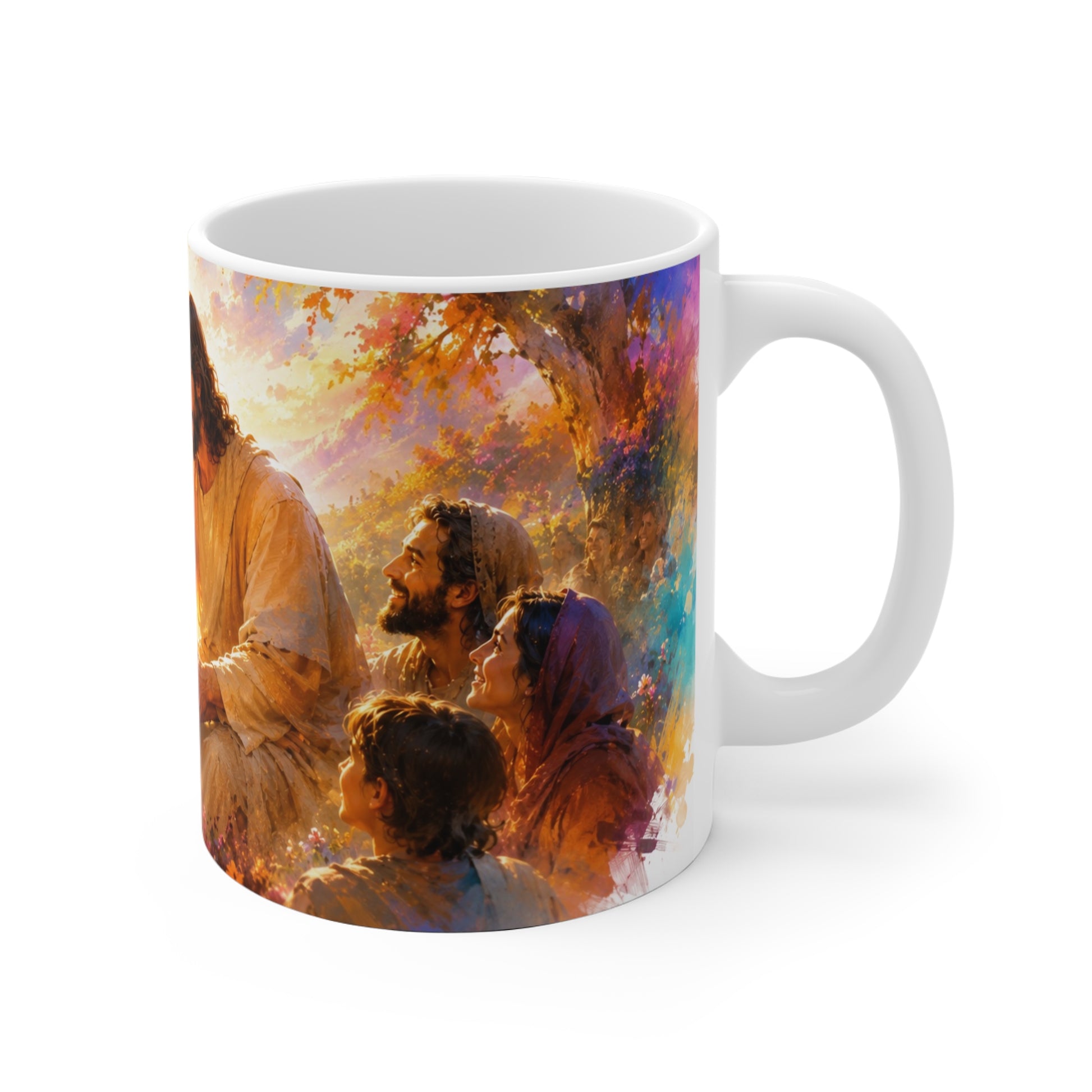 Christliche Tasse mit Jesus, der einem Menschen liebevoll begegnet, vor leuchtendem Sonnenuntergang
