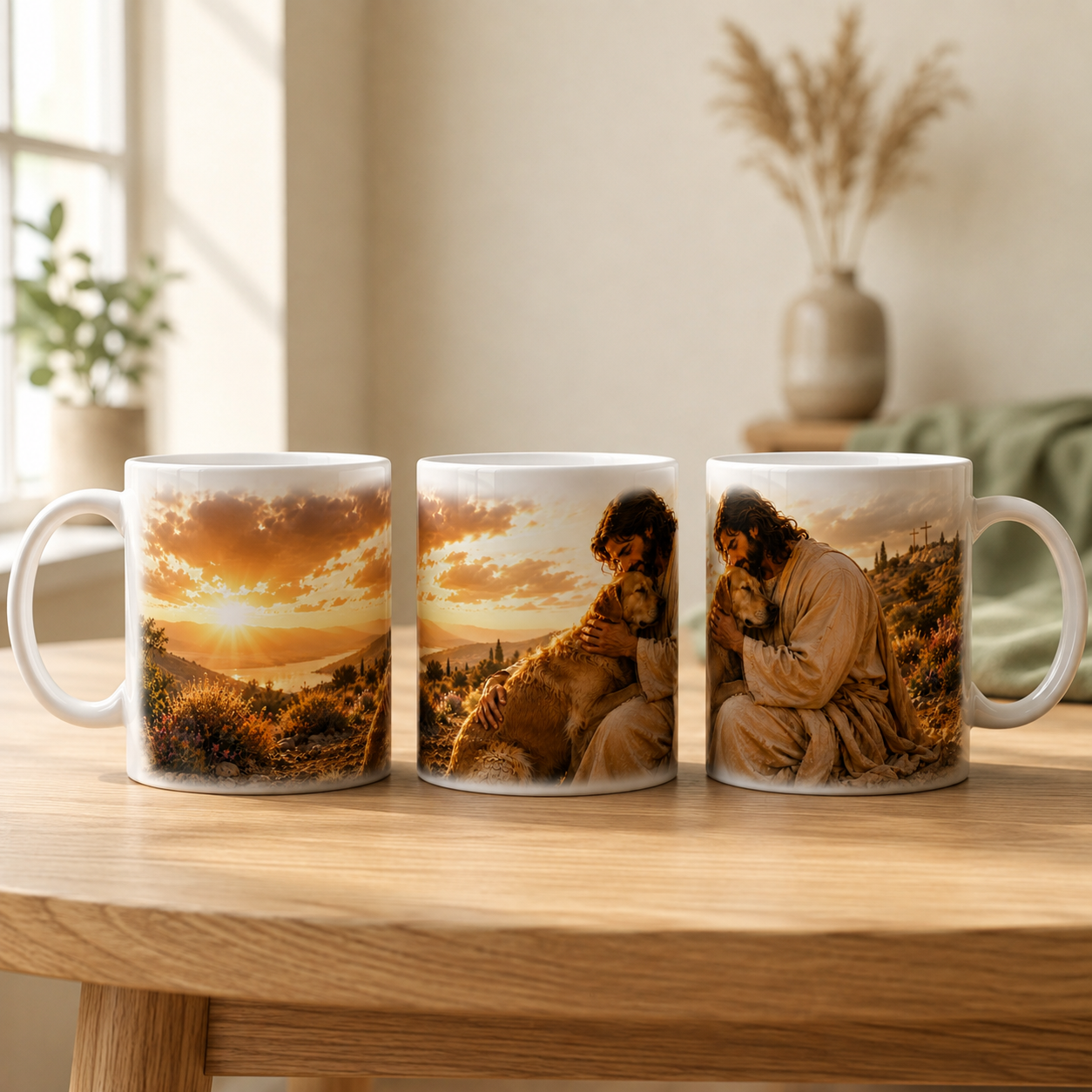 Christliche Tasse mit Jesus und Hund im warmen Sonnenuntergang als Symbol für Liebe und Geborgenheit