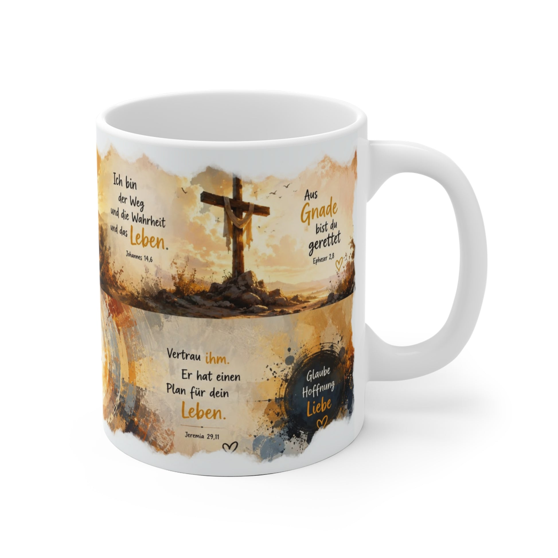 Christliche Tasse mit Jesus und Kind sowie Bibelvers „Ich bin der Weg, die Wahrheit und das Leben“