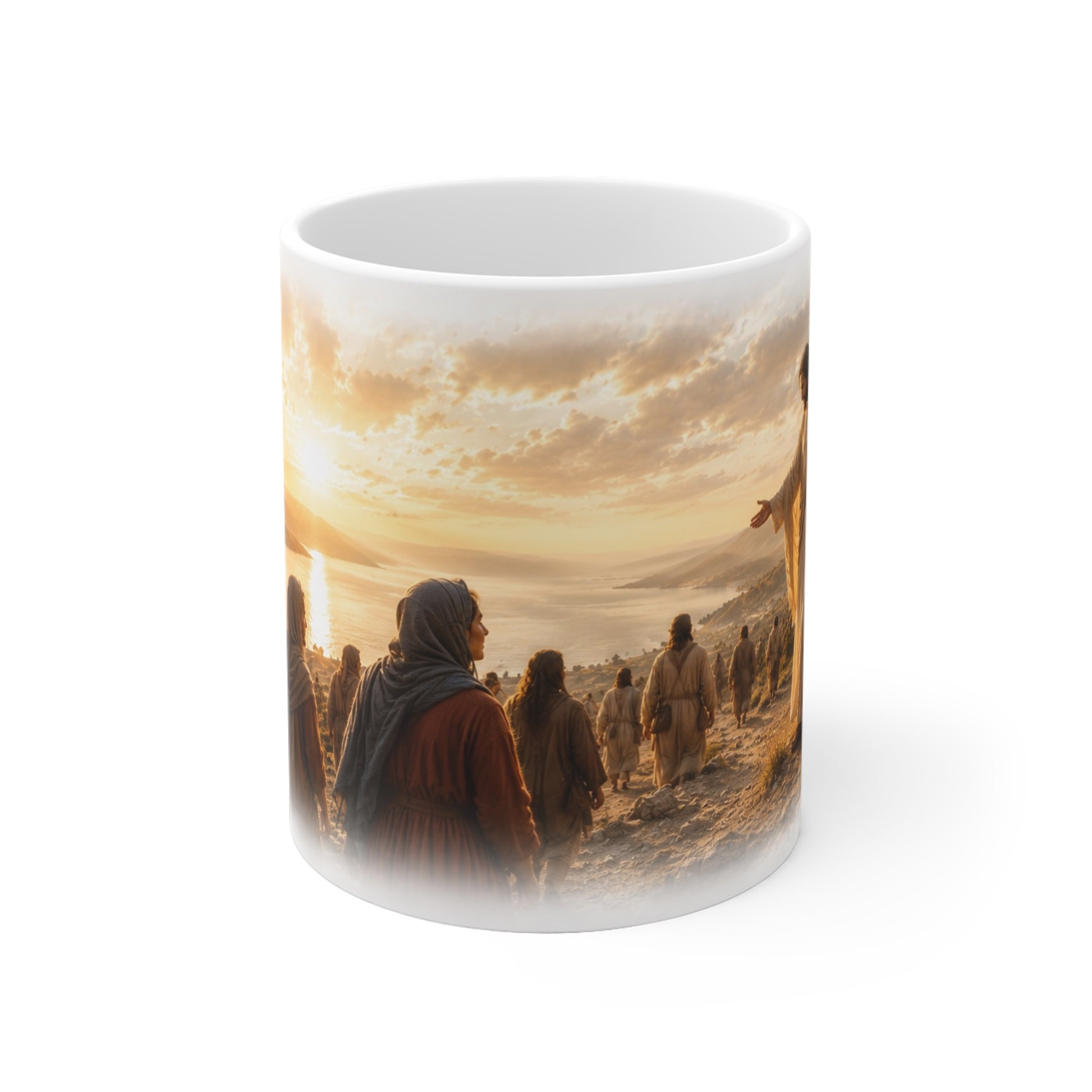 Christliche Tasse mit Jesus und seinen Jüngern vor einer goldenen Landschaft am See