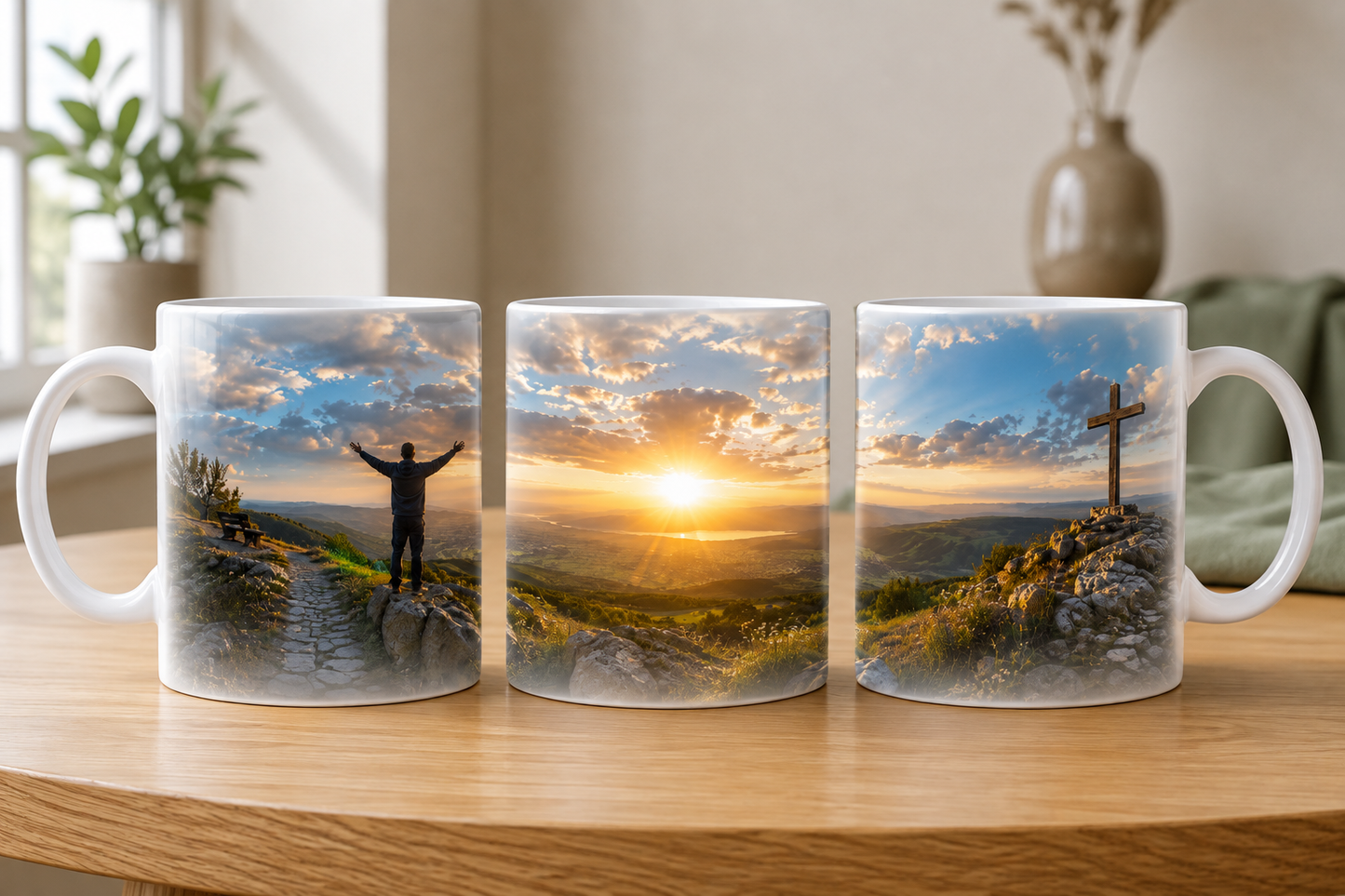 Christliche Tasse mit Kreuz, betendem Mann und goldenem Sonnenuntergang in weiter Berglandschaft