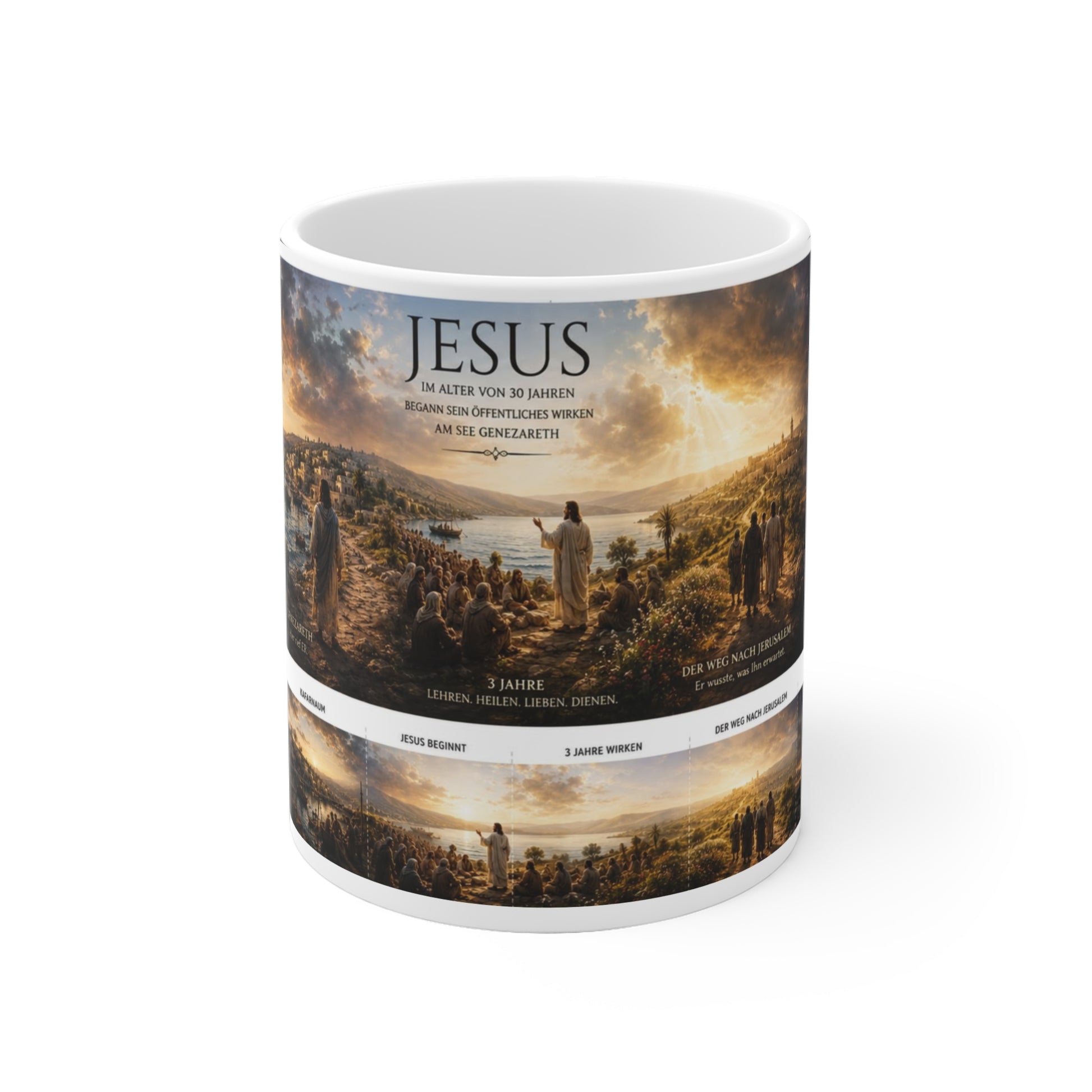 Christliche Tasse mit Kreuzigung Jesu und leuchtendem Grab als Symbol der Auferstehung