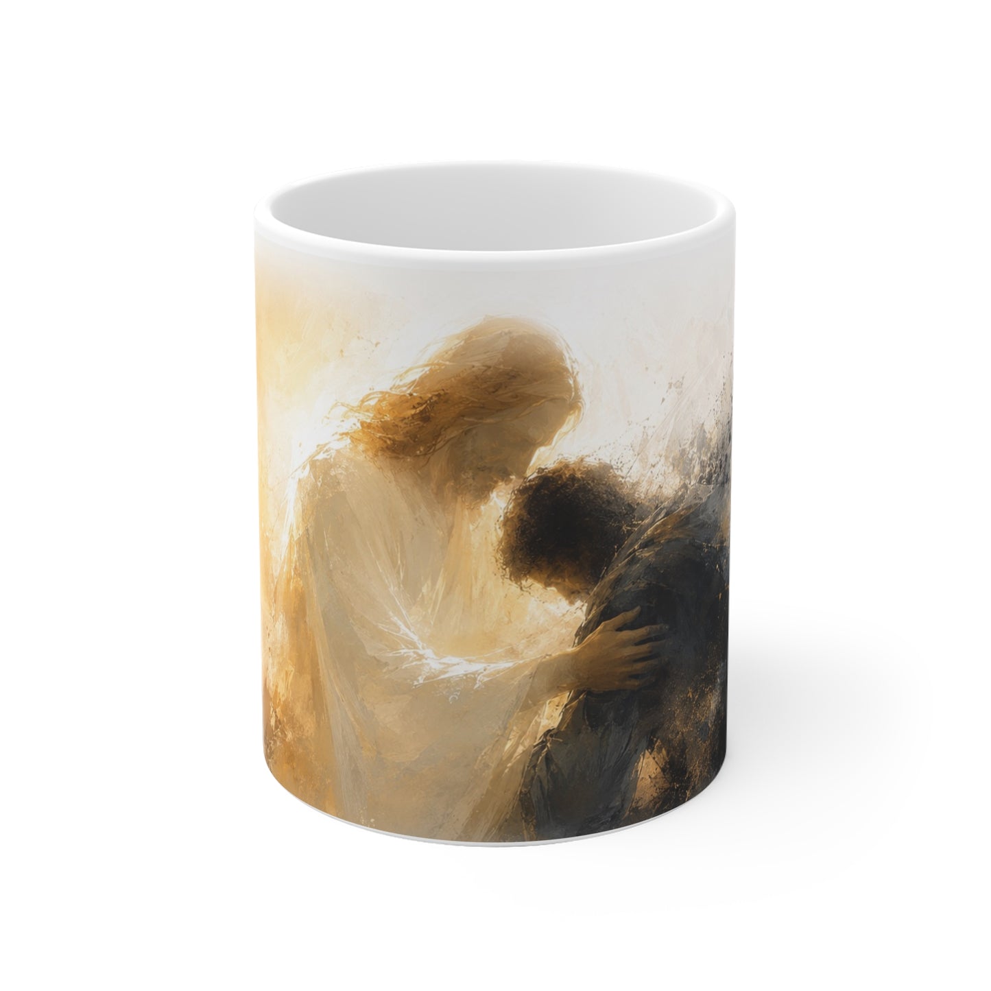 Christliche Tasse mit abstraktem Motiv in Schwarz Gold und moderner künstlerischer Gestaltung