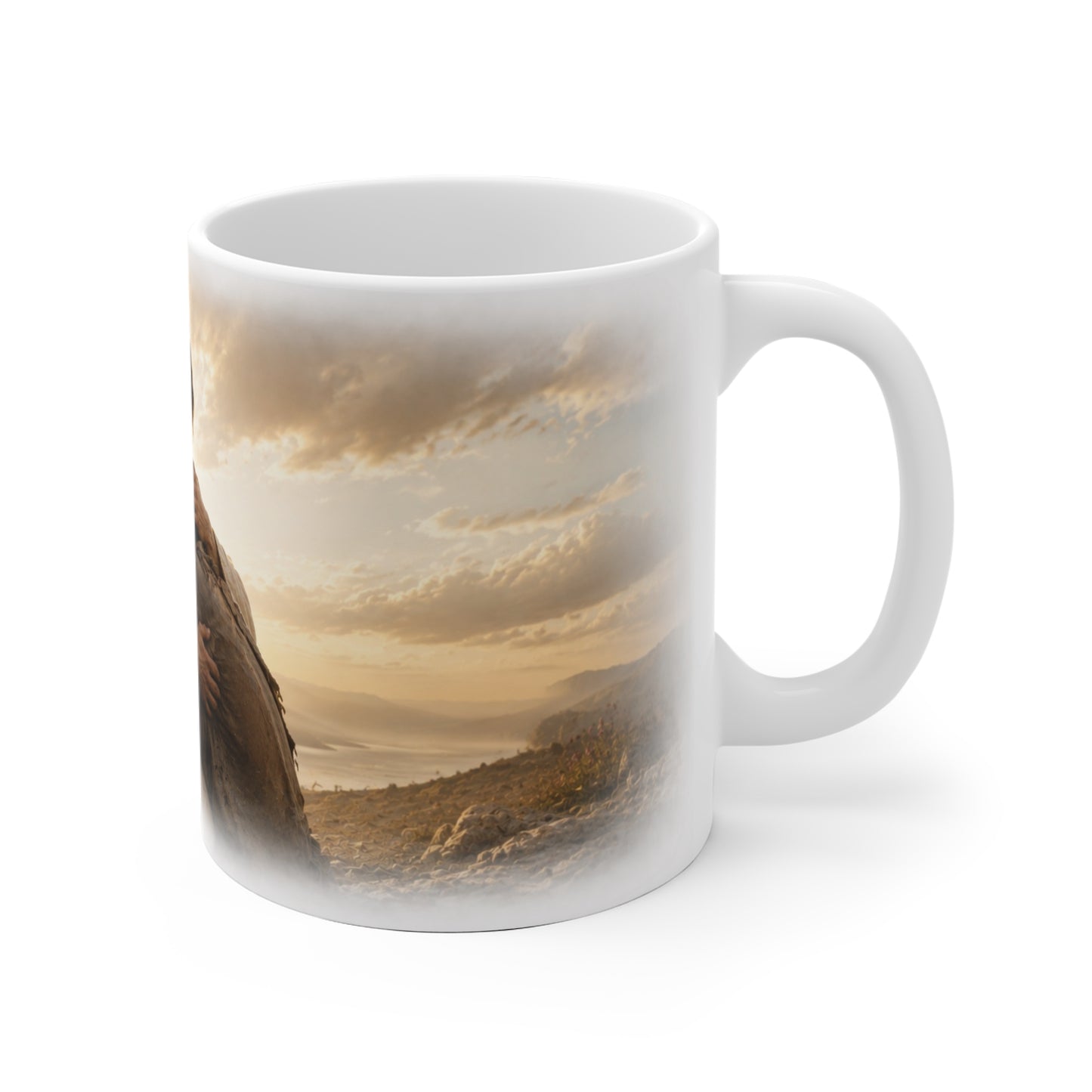 Christliche Tasse mit weiter Landschaft in warmen Goldtönen und umlaufendem Jesus Motiv
