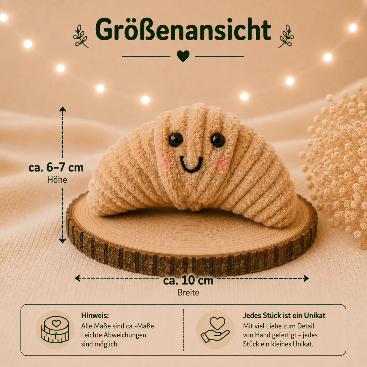 Croissant-Deko aus Chenilledraht mit ca. 6 bis 7 cm Höhe und ca. 10 cm Breite