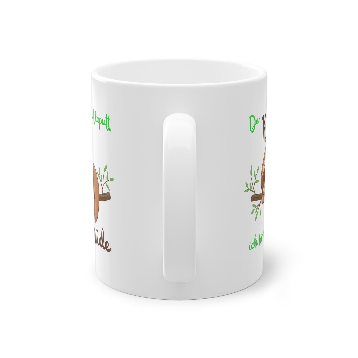Seitenansicht der Faultier Tasse mit lustigem Kaffee Spruch für Büro und Morgenmuffel
