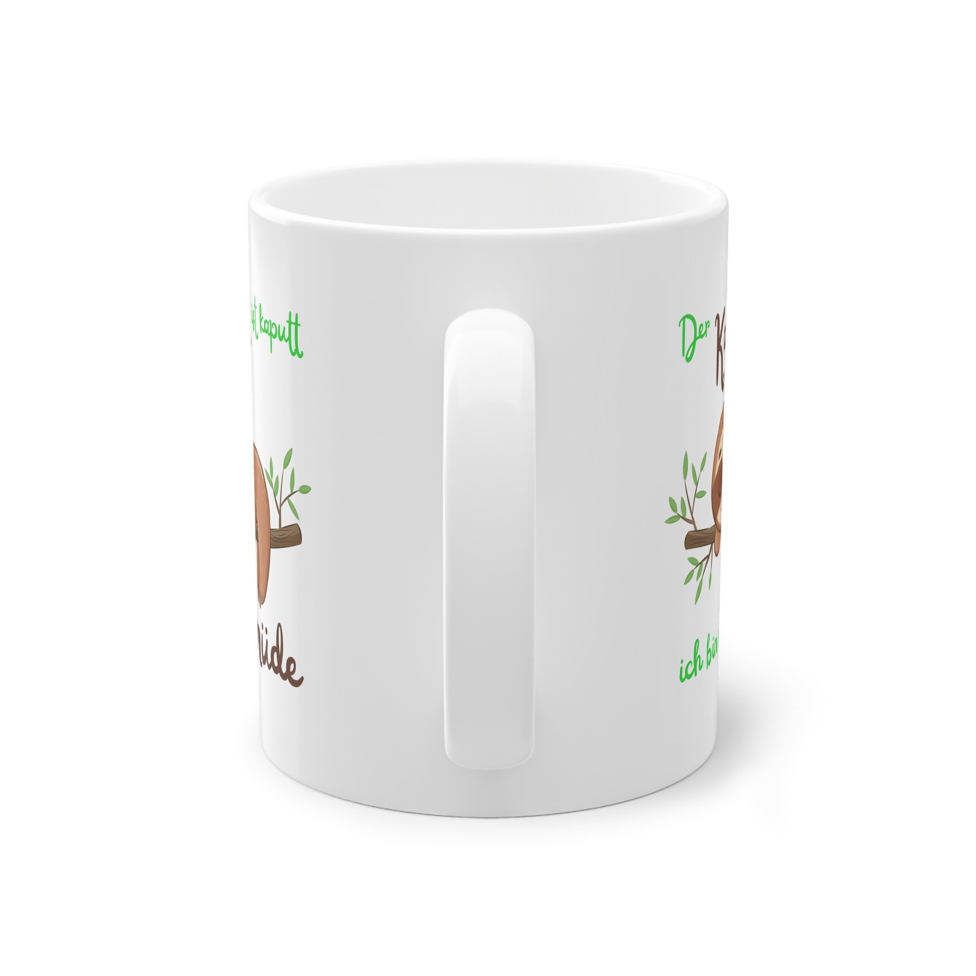 Seitenansicht der Faultier Tasse mit lustigem Kaffee Spruch für Büro und Morgenmuffel