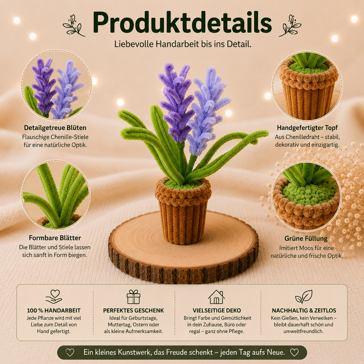 Detailansicht der handgefertigten Lavendel-Deko mit violetten Chenille-Blüten, grünen Blättern und braunem Topf