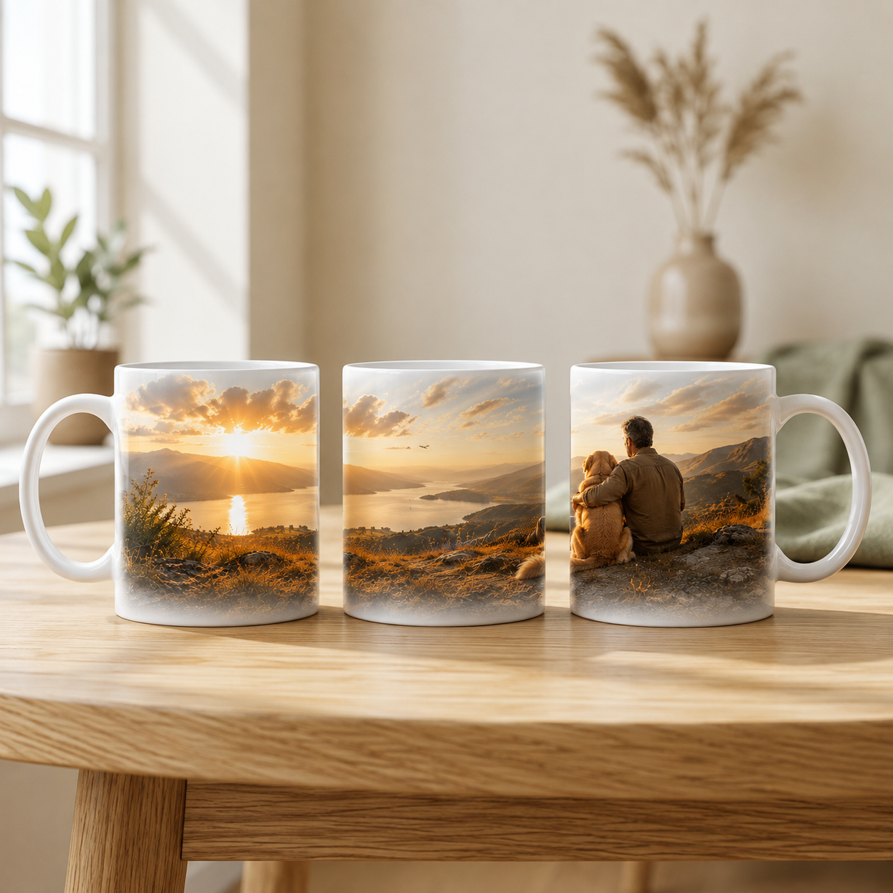 Drei Ansichten einer Hundeliebe Tasse mit Mensch, Hund, Bergsee und Sonnenuntergang