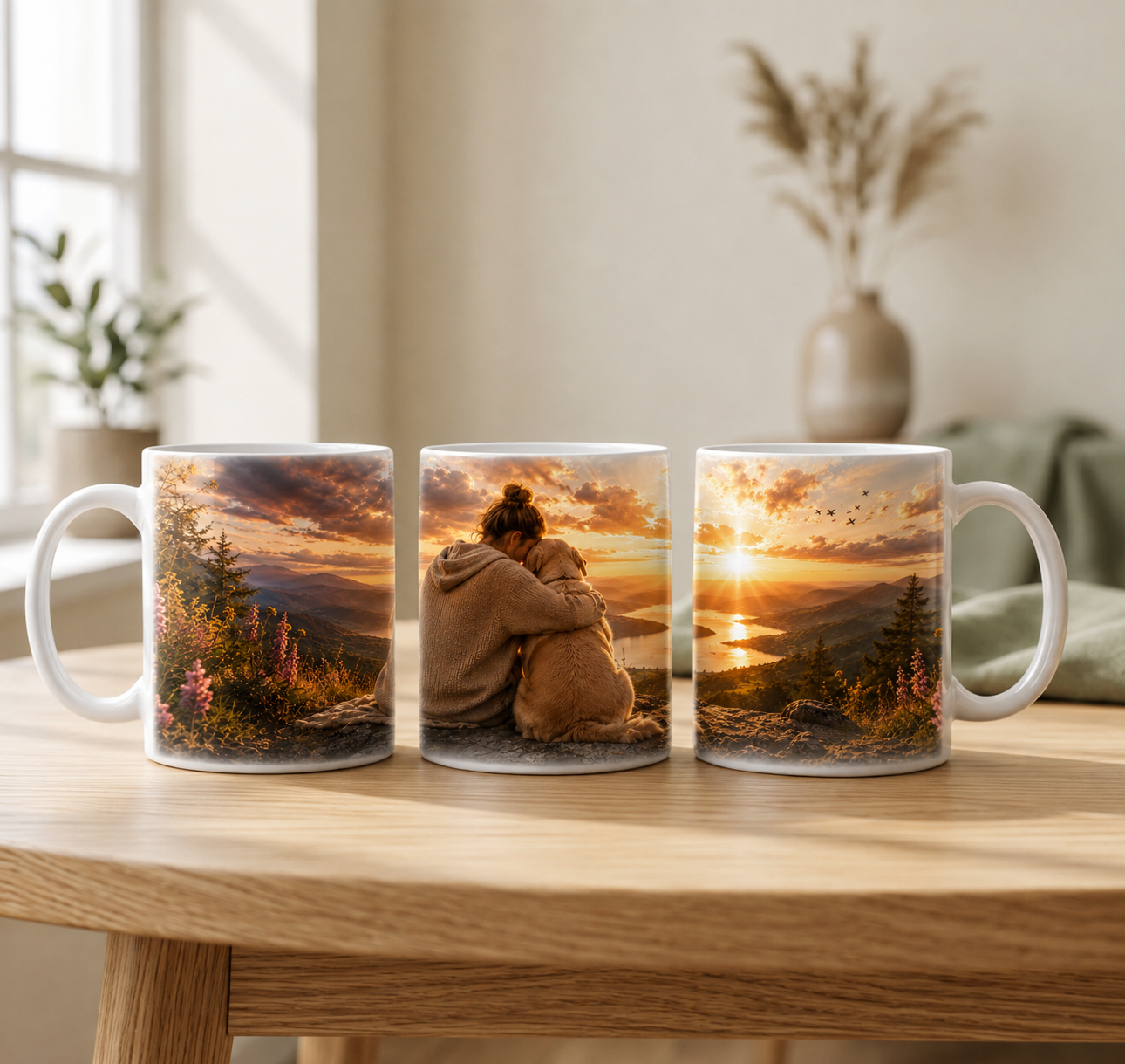 Drei Ansichten einer Tasse mit Frau und Hund vor Bergsee und goldenem Sonnenuntergang
